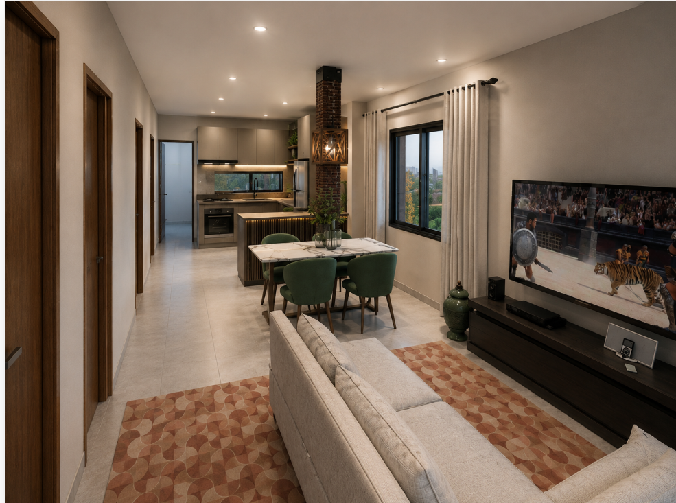 Render interior de sala, comedor y cocina de la vivienda
